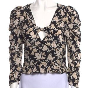LOVESHACKFANCY Puff Sleeve Plunging V Neck Dark Floral Blouse w/ bow size 2 silk